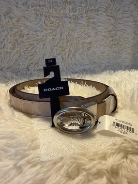 Coach Beige Signature Leather Belt with Silver Oval Buckle
